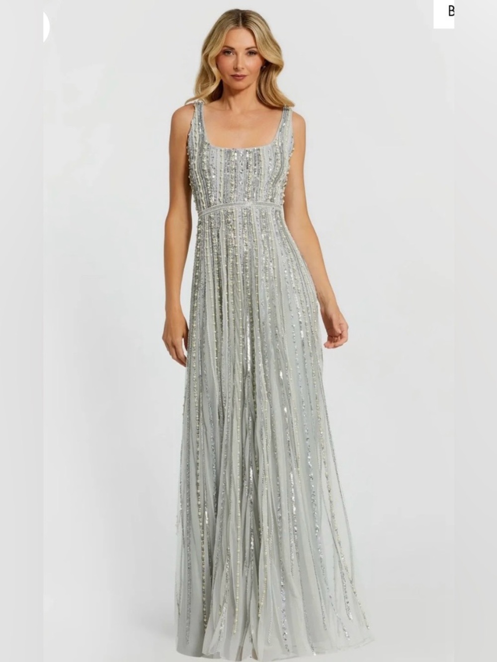 Mac Duggal beaded embellished full length gown dress blue white tank 6